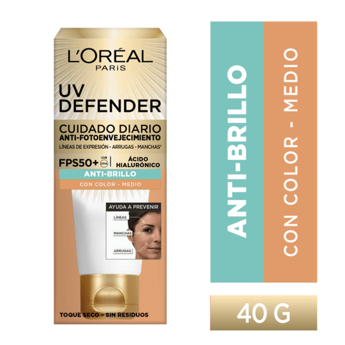 Crema Facial L'Oréal Paris UV Defender Antibrillo FPS50 40 g Color Medio